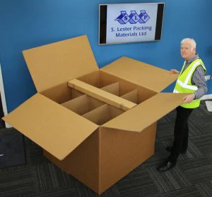 Anthony Quinn avec une grande boîte en carton ondulé fabriquée sur le DYSS X7