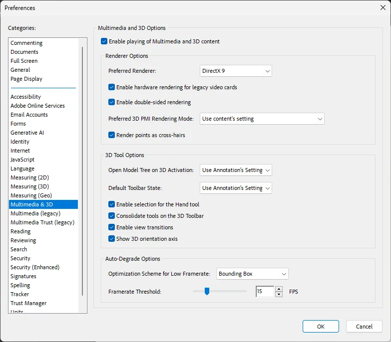 Enable 3D in Adobe Reader preferences